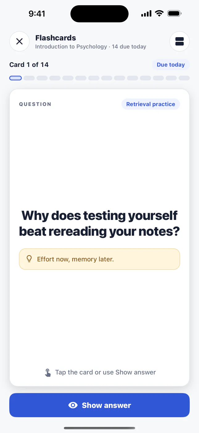 BetterGrades flashcard review at card 1 of 14, due today, with the question Why does testing yourself beat rereading your notes? and a Show answer button