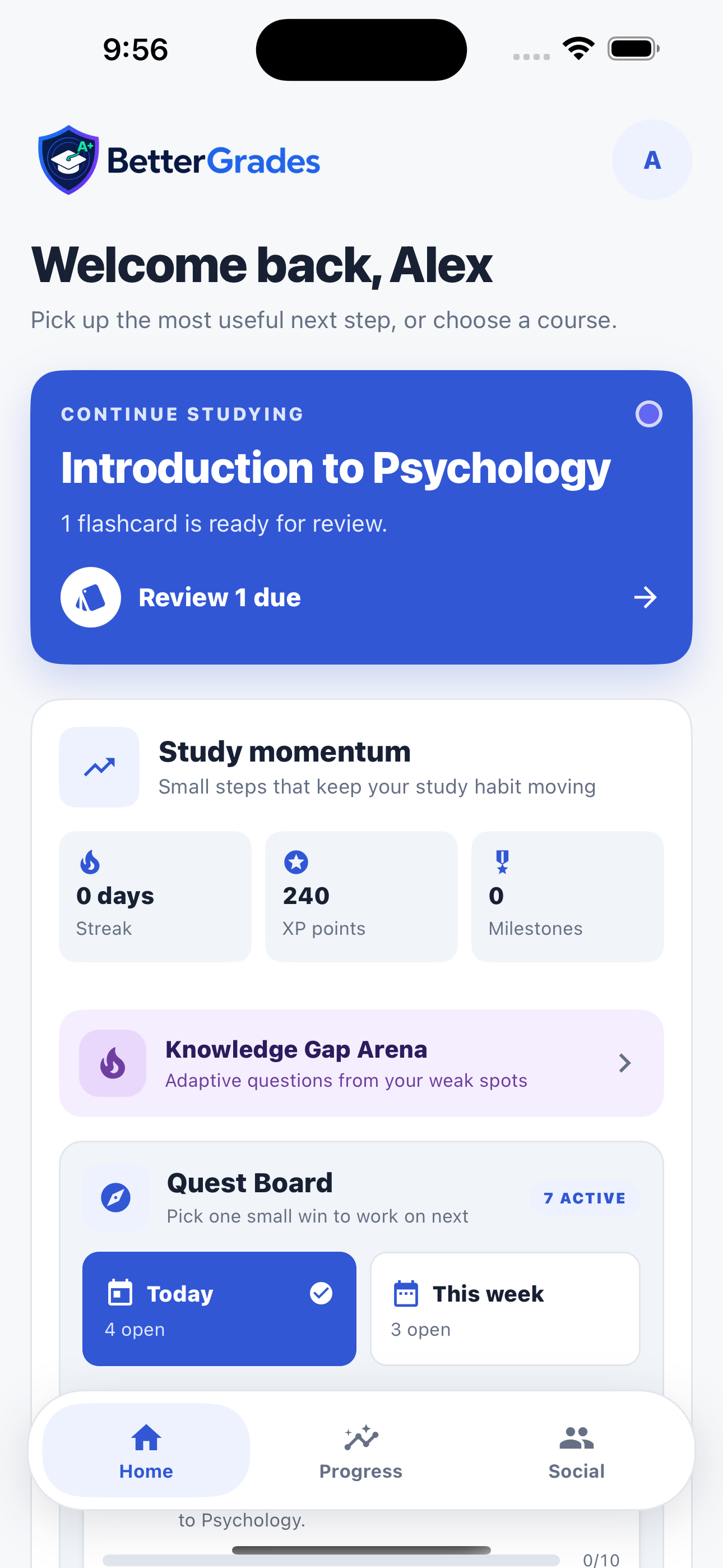 BetterGrades home dashboard showing the next study action and course progress