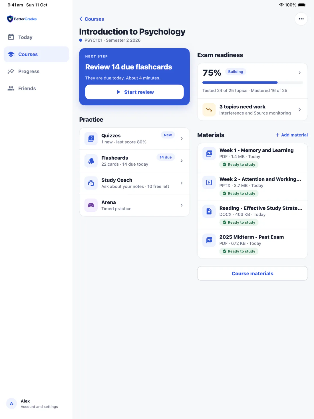 BetterGrades on iPad: a sidebar with Today, Courses, Progress and Friends beside two columns, with the next step and practice on the left and exam readiness and materials on the right