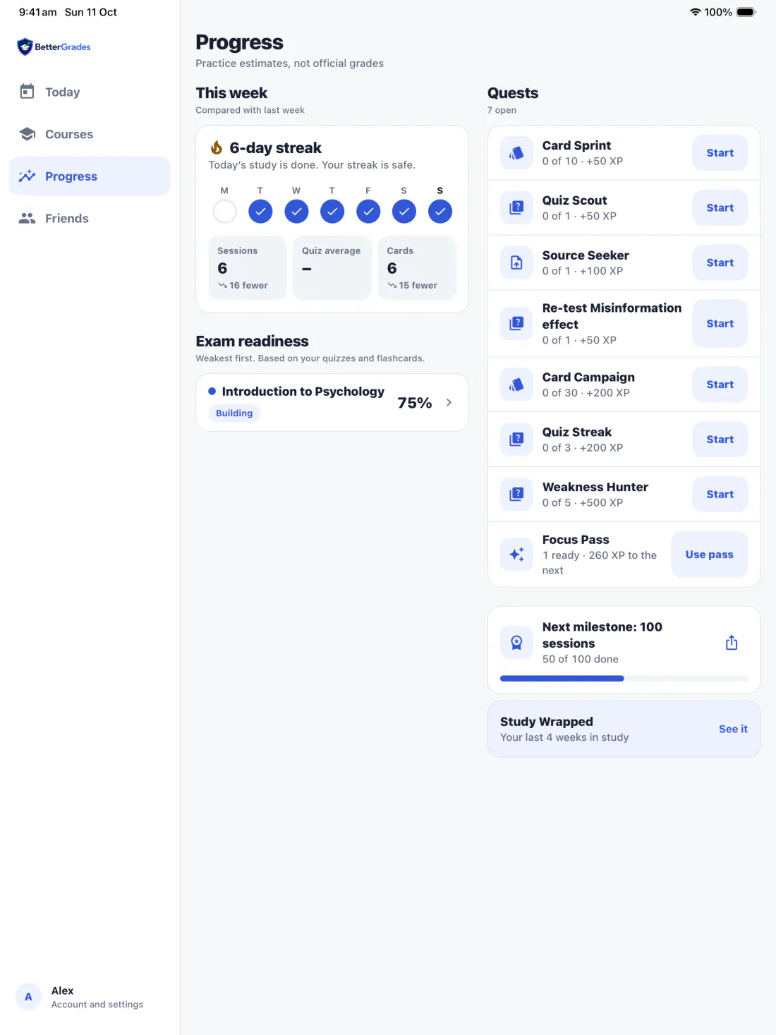 BetterGrades Progress on iPad: this week and exam readiness on the left, quests on the right, with the sidebar beside them