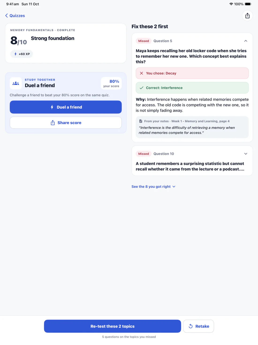 BetterGrades quiz results on iPad in two columns: the score and a duel card on the left, and the questions to fix first, with the line from the notes, on the right
