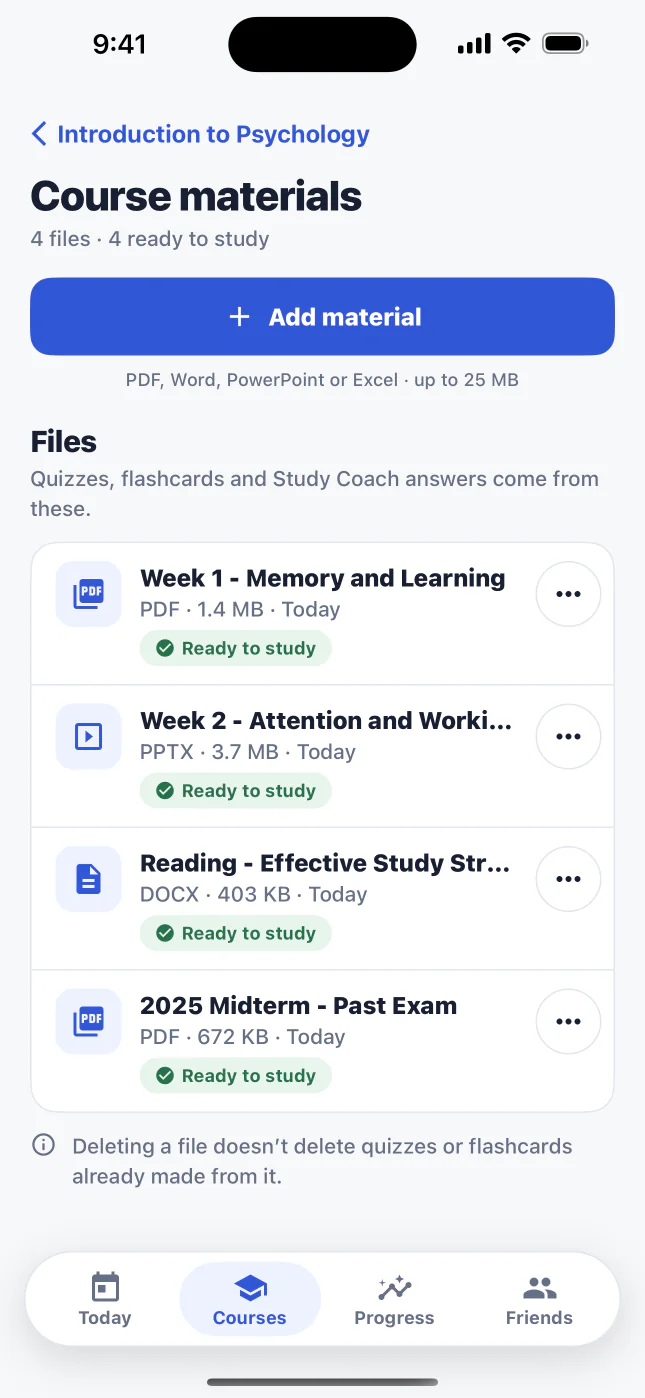 BetterGrades Course materials screen listing four files, each marked Ready to study, under an Add material button