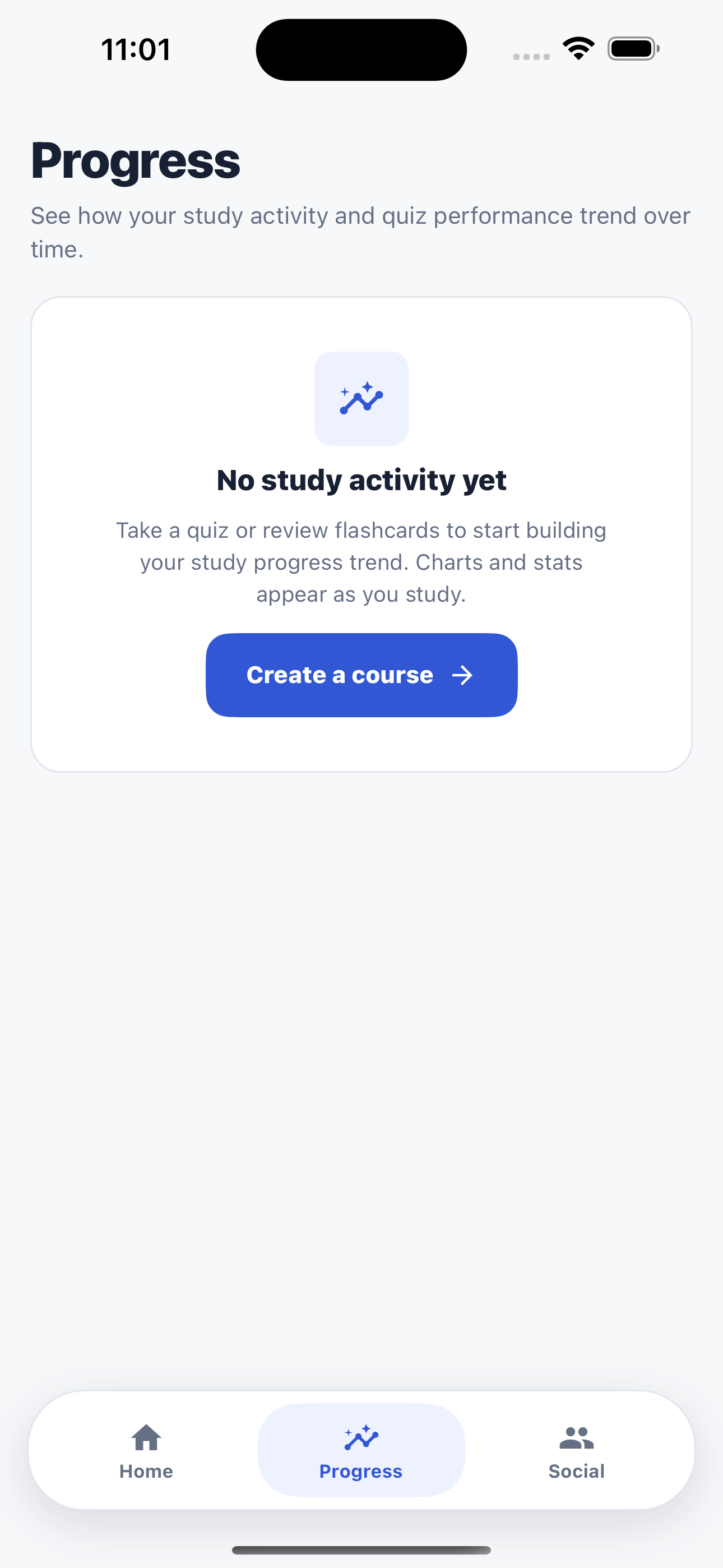 BetterGrades Progress screen showing the starting state before a student has completed a study session