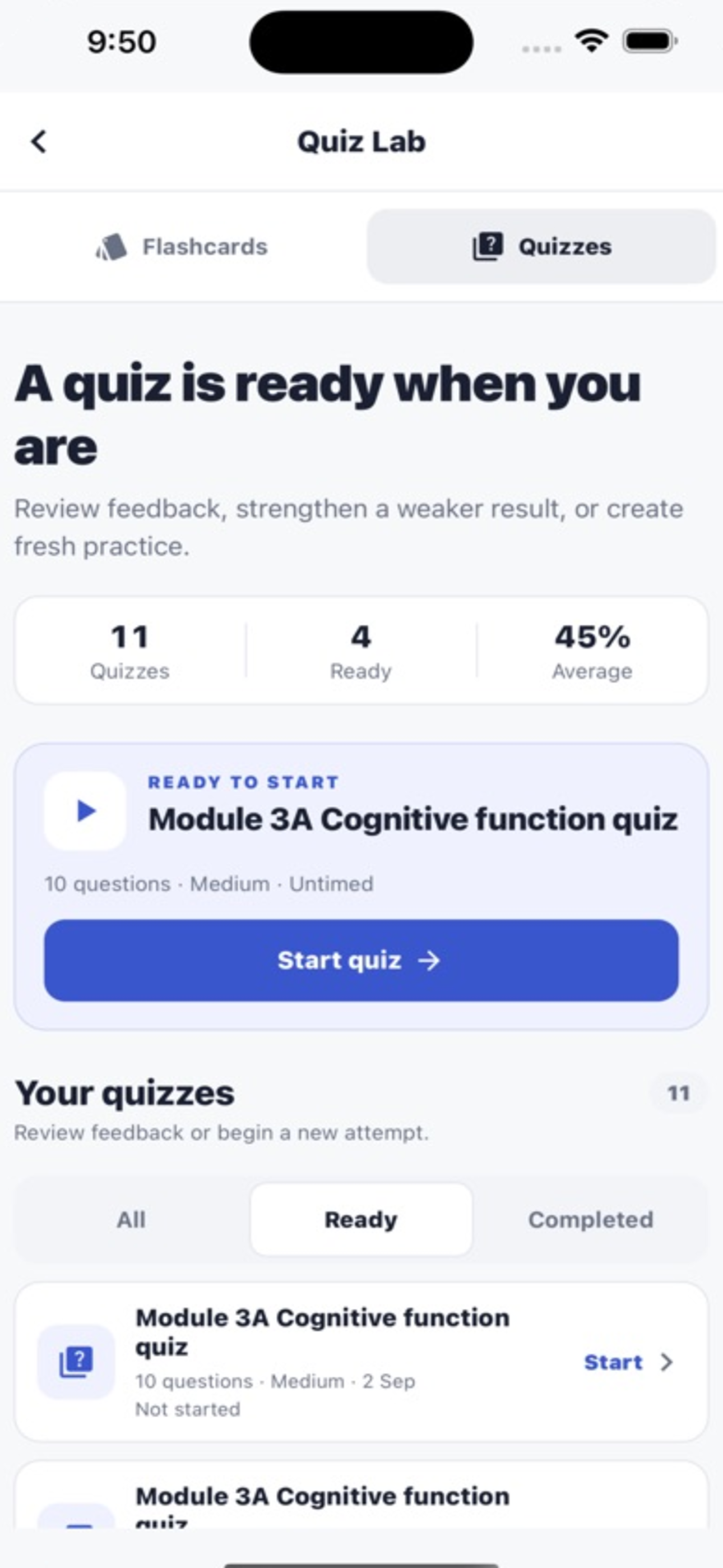 BetterGrades Quiz Lab showing a ready-to-start quiz built from course material