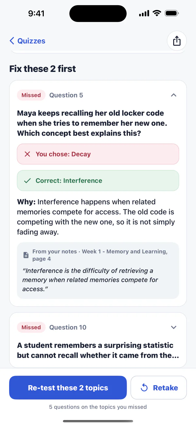BetterGrades quiz results led by Fix these 2 first: a missed question with the correct answer, an explanation and the line from the student's notes, and a Re-test these 2 topics button