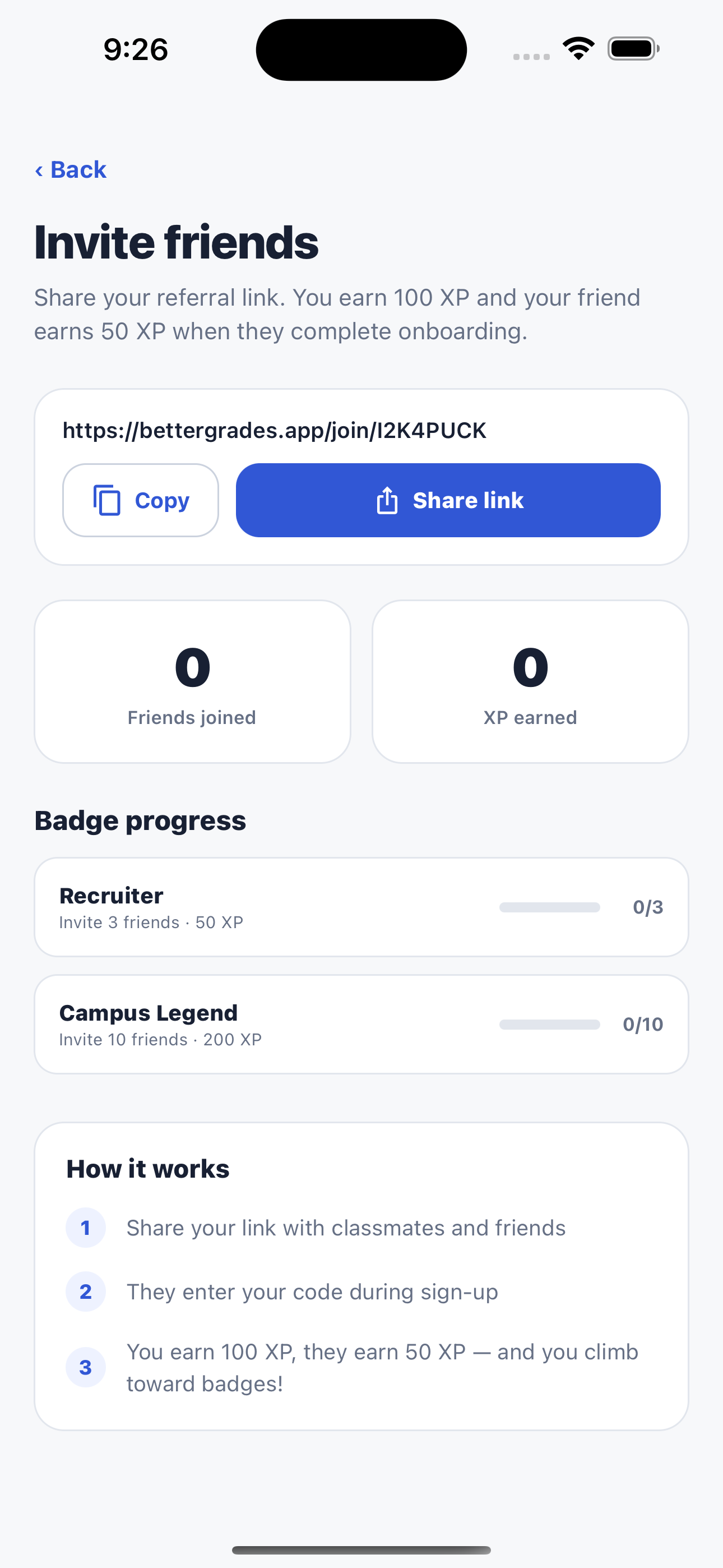 BetterGrades referral screen showing referral counts and XP rewards