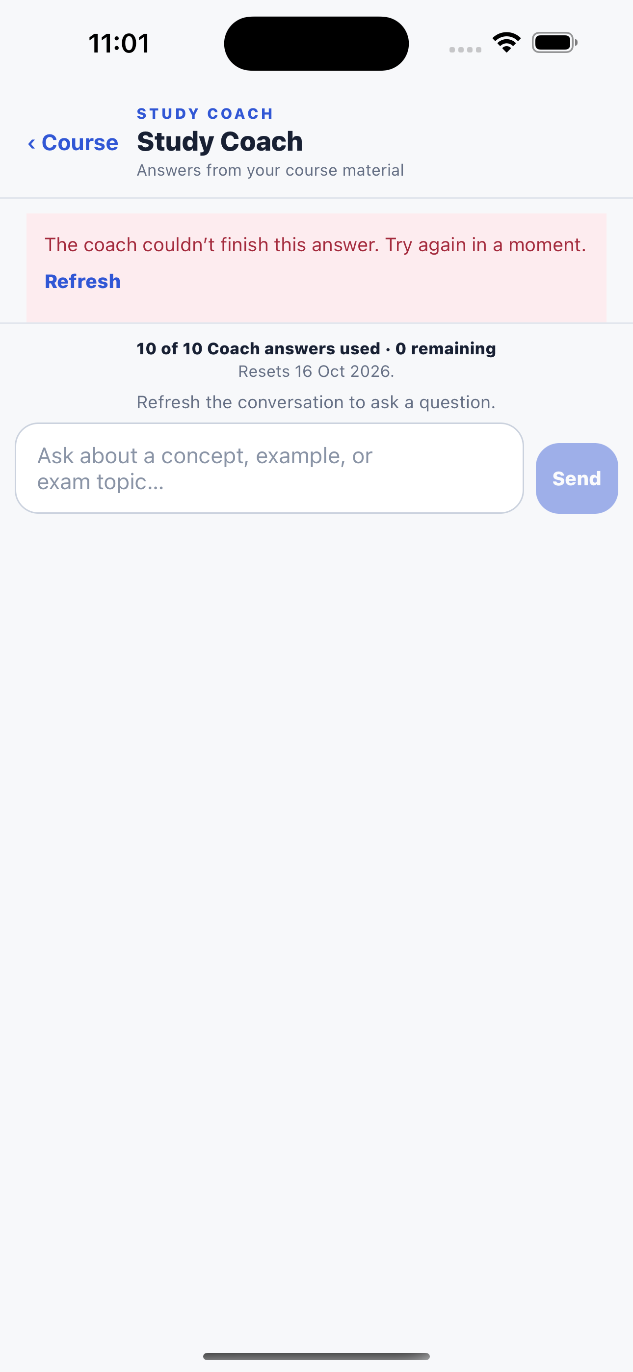 BetterGrades Study Coach screen showing a retry message and the ten-answer monthly Free limit