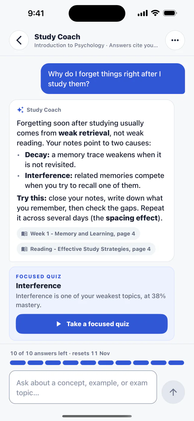 BetterGrades Study Coach answering why a student forgets, with source chips for the pages it used, a Take a focused quiz suggestion, and the answers left this month